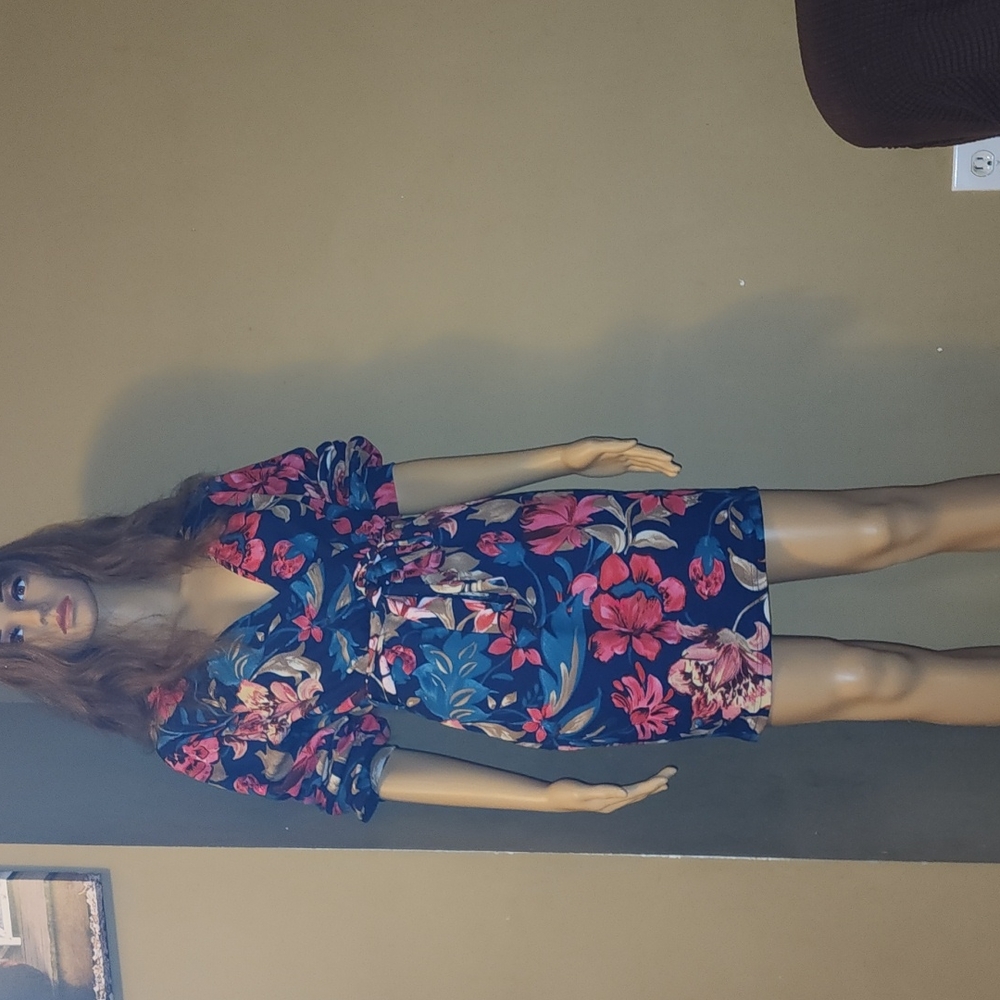 Floral Print, Self-Tie Sash, Mini Dress, Small, Navy - Picture 7 of 8